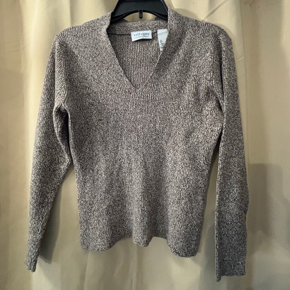 Villager a Liz Claiborne Company V-Neck Sweater Women's Large Cream/Brown Color